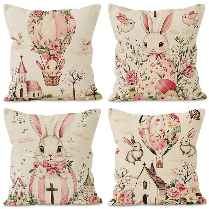 Easter Bunny Print Pattern Home Decor Pillowcase Bedroom Living Room Sofa Decoration Polyester Cushion Cover with Zipper