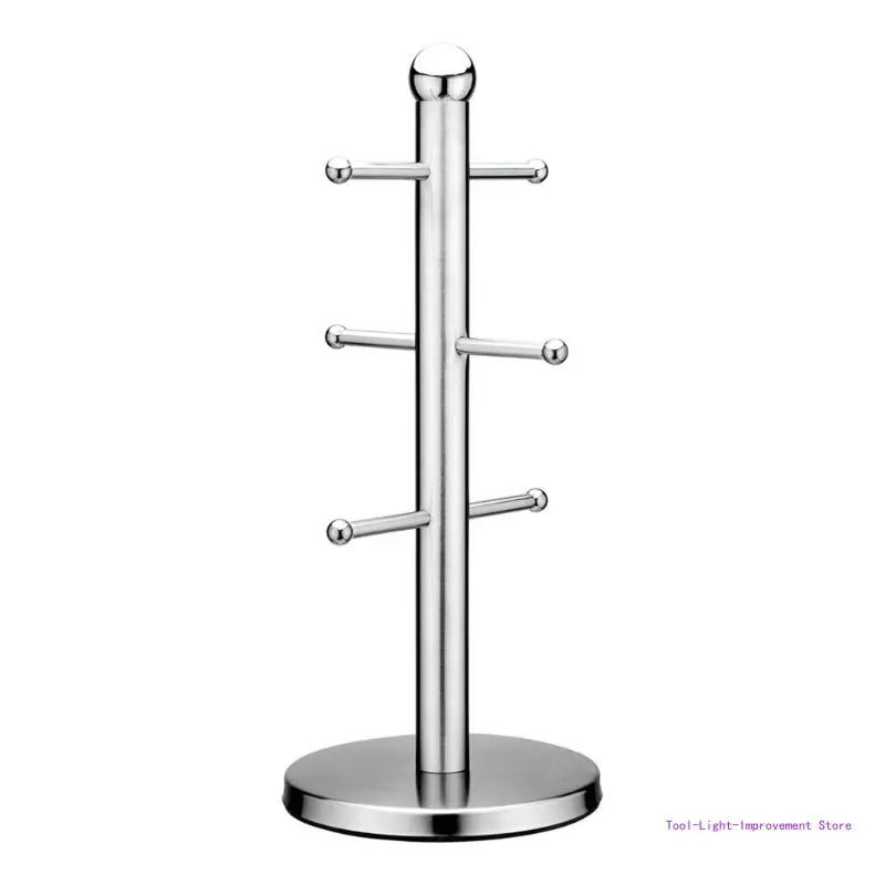 C63E Stainless Steel 6 Cup Mug Tree Stand Rack Kitchen Home Coffee Milk Teacup Holder