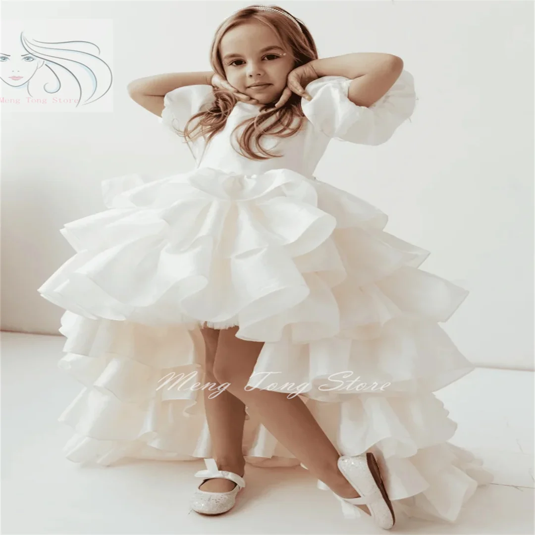 

Flower Girl Dresses Beige Solid Tiered With Bow And Tailing Short Sleeve For Wedding Birthday Party Holy Communion Gowns