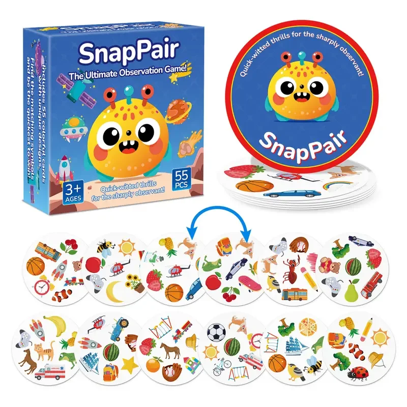 Juego de emparejar, incluye 55 cartas, un juego de desafío de emparejar cartas. Instrucciones disponibles en español e inglés.