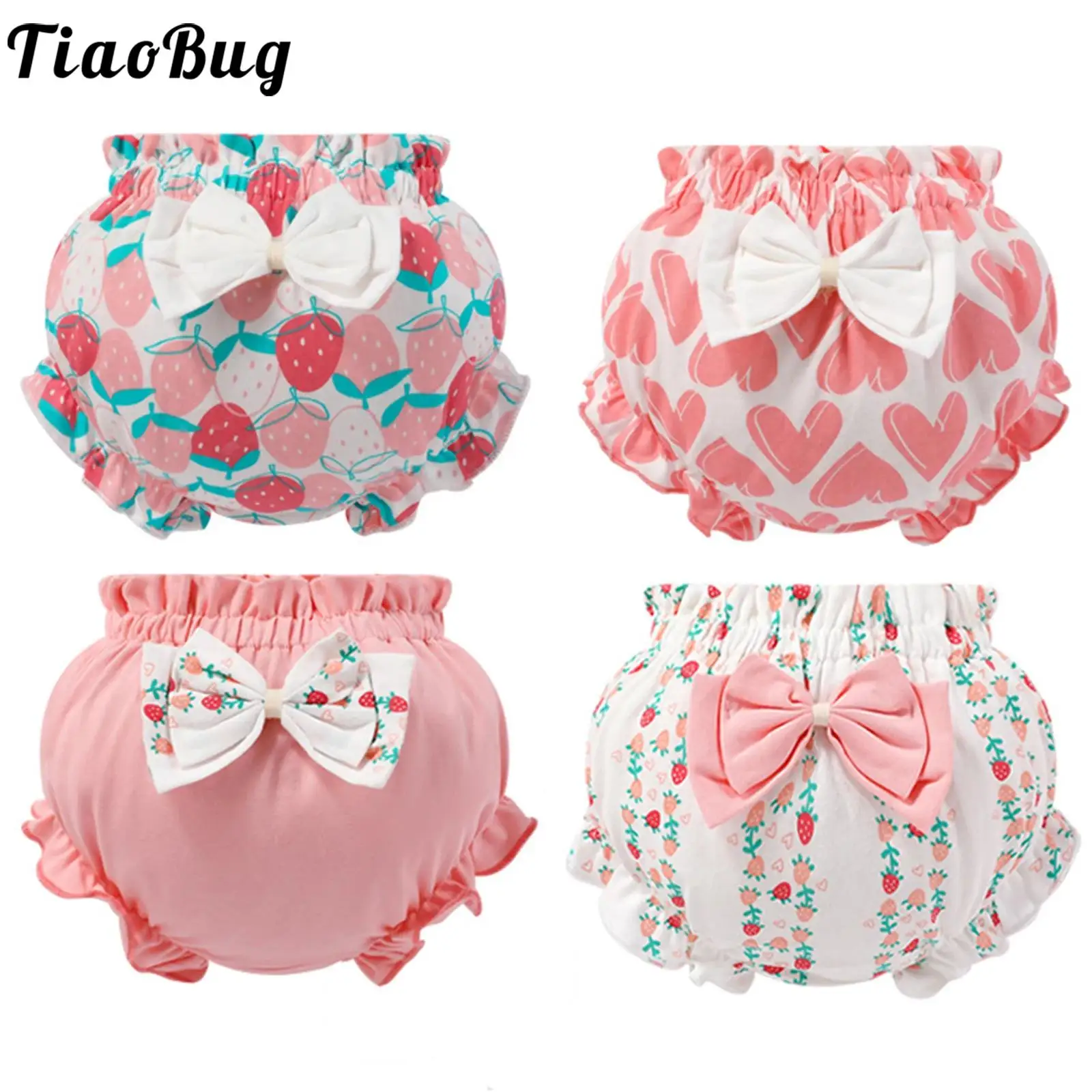 Toddler Baby Girls 4Pcs Cotton Bloomers Cute Print Ruffle Bow Diaper Covers Assorted Summer Breathable Underwear Panties Briefs