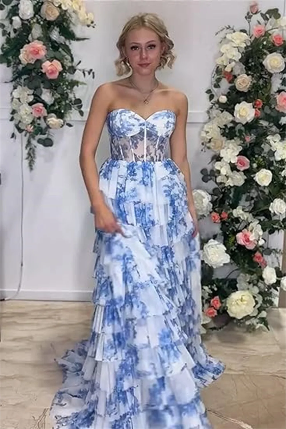 

Customized Women's Strapless Corset Long Prom Dress Tiered Chiffon Bridesmaid Dresses Ruffles Floral A Line Formal Evening Gowns