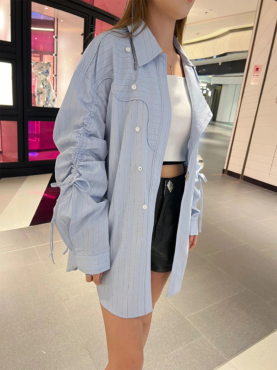 

Blue Striped Long Sleeve Shirt Women's Loose Fit Casual Style Drawstring Casual Shirt Spring 2025 New Korean Style Slimming