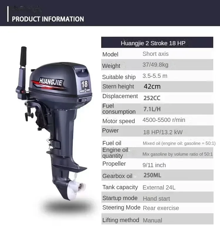 18hp Outboard Motor,Tiller Control Short/Long Shaft,2 Stroke 252cc Outboard Motor 13.2kw Power Fit Fishing Pontoon Boats