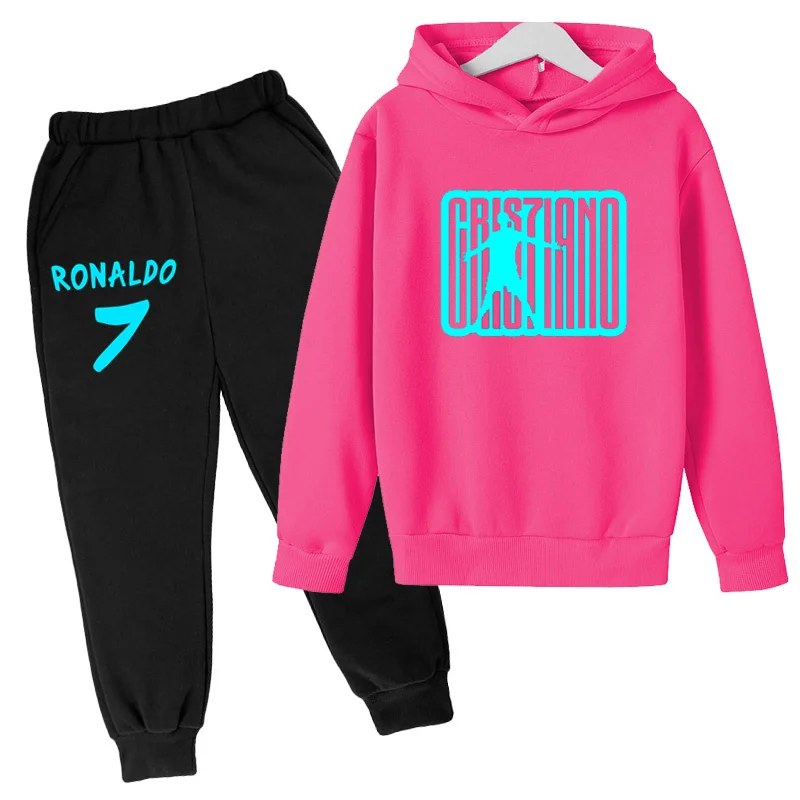 Kids Fall Clothing Hoodie Football CR7 Print Sweatshirt Top+Pants 2P Boys Girls Toddler 3-12Y Athletic Training Coat Casual Suit