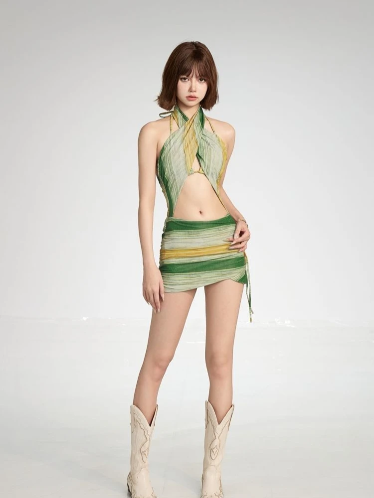 Stylish Halter Neck Cross Back Two Piece Swimsuit Fruit Wood Green Vintage Striped Bathing Suit for Beach Holiday view 4