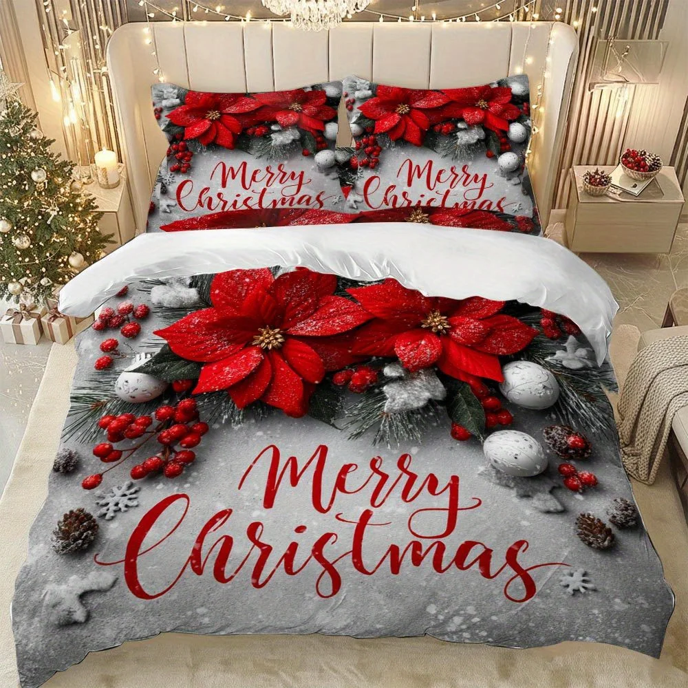 

LIifesmell 2/3pcs Red & White Poinsettia Christmas Bedding Set - Full/Queen/King Size Duvet Cover Set Christmas Gifts New Year