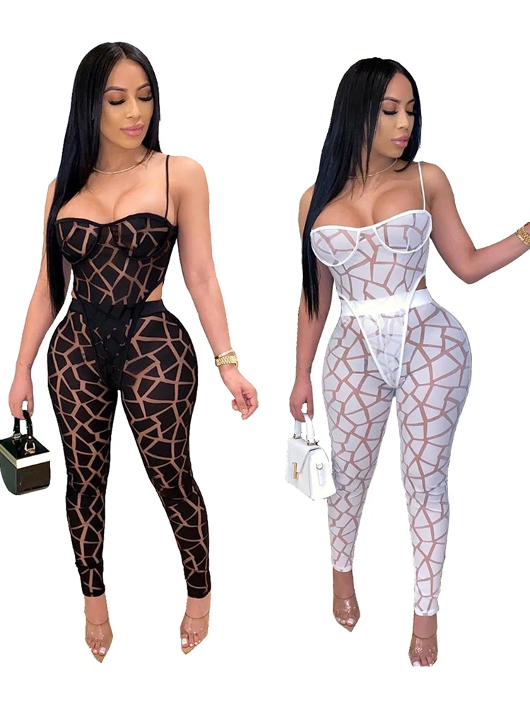 Solid Color Suspender Mesh Jumpsuit Two-piece Set 2023 Summer with Tight Pants White Hollow Sexy Jumpsuit for Nightclubs, Bar