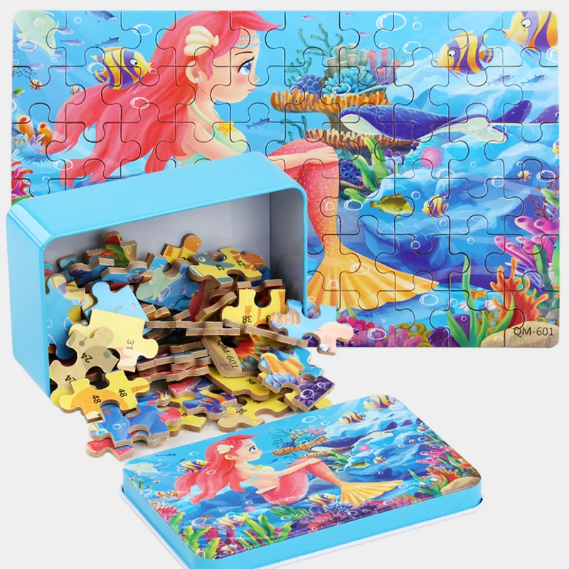 60Pcs Kids Wooden Jigsaw Puzzles Iron Storage Box Cute Cartoon Mermaid Castle Boys Girls Early Learning Educational Toy