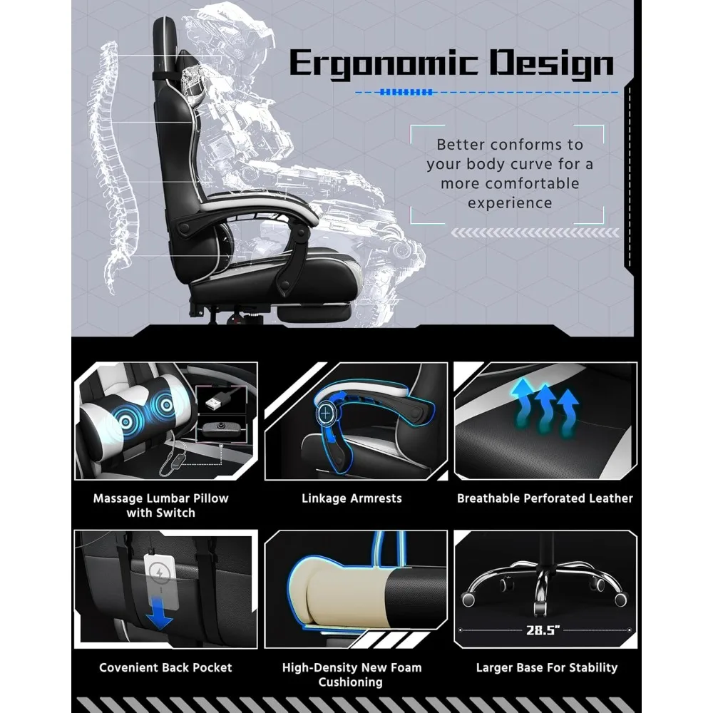 Ergonomic Gaming Chair with Swivel Seat&Headrest, Adjustable Video Game Chair with Massage Lumbar Support and Footrest Height image 3