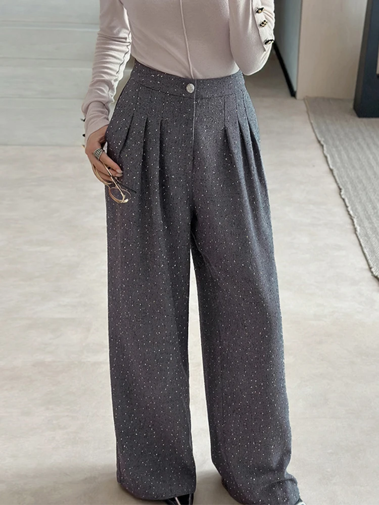 Fashion Business Formal Shiny Wide Leg Loose Long Pant Elegant Lady Mujer High Waist Folds Trousers Casual Women Street Clothes