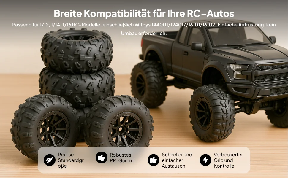 

Set of 4 Rubber Tires for RC Cars, 1/12 1/14 1/16 Models including 124016 and 124017