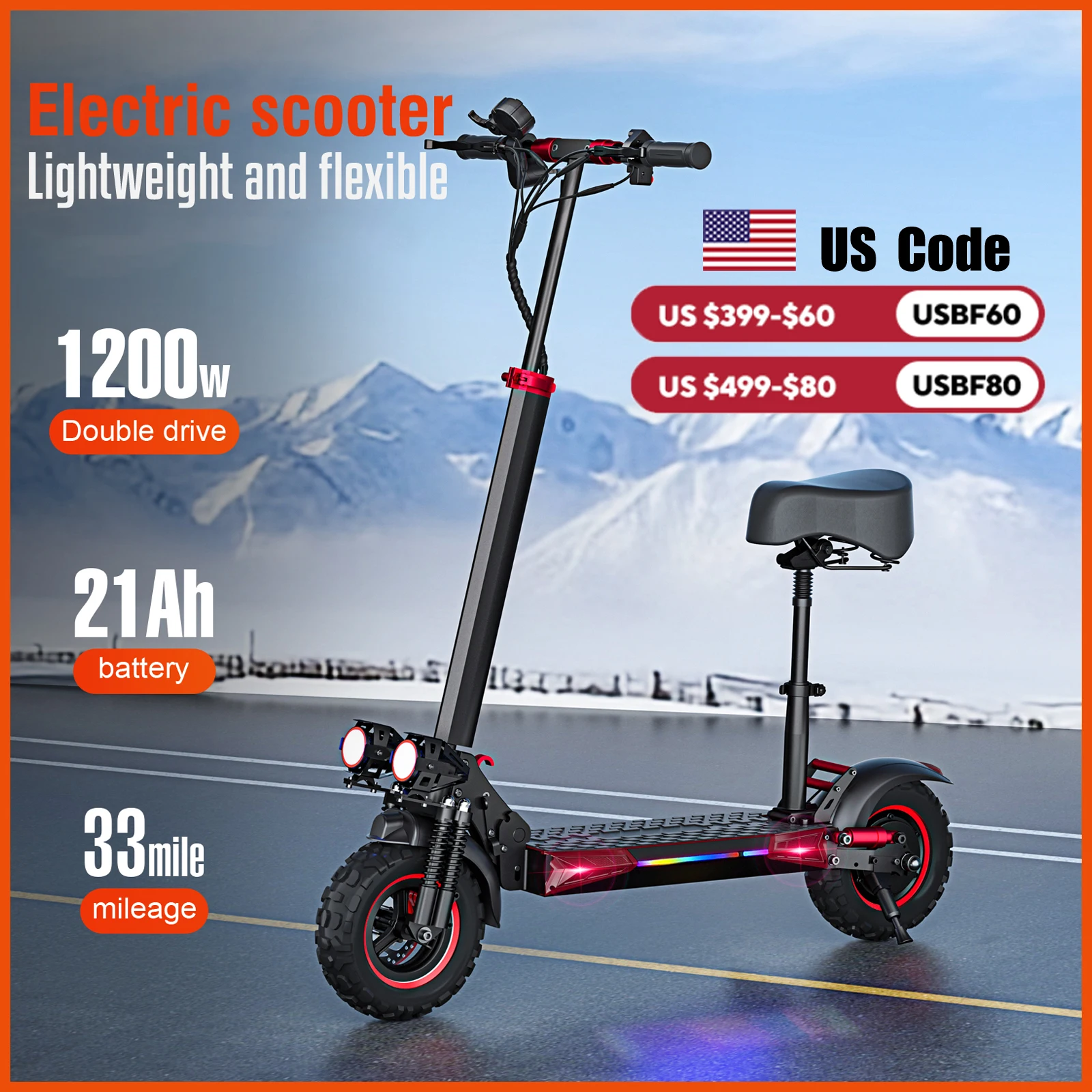 Patinete eléctrico plegable de 1200W con asiento para adultos, neumáticos todoterreno de 11 pulgadas, batería de 48V 21Ah, scooter eléctrico de alcance de 33 millas