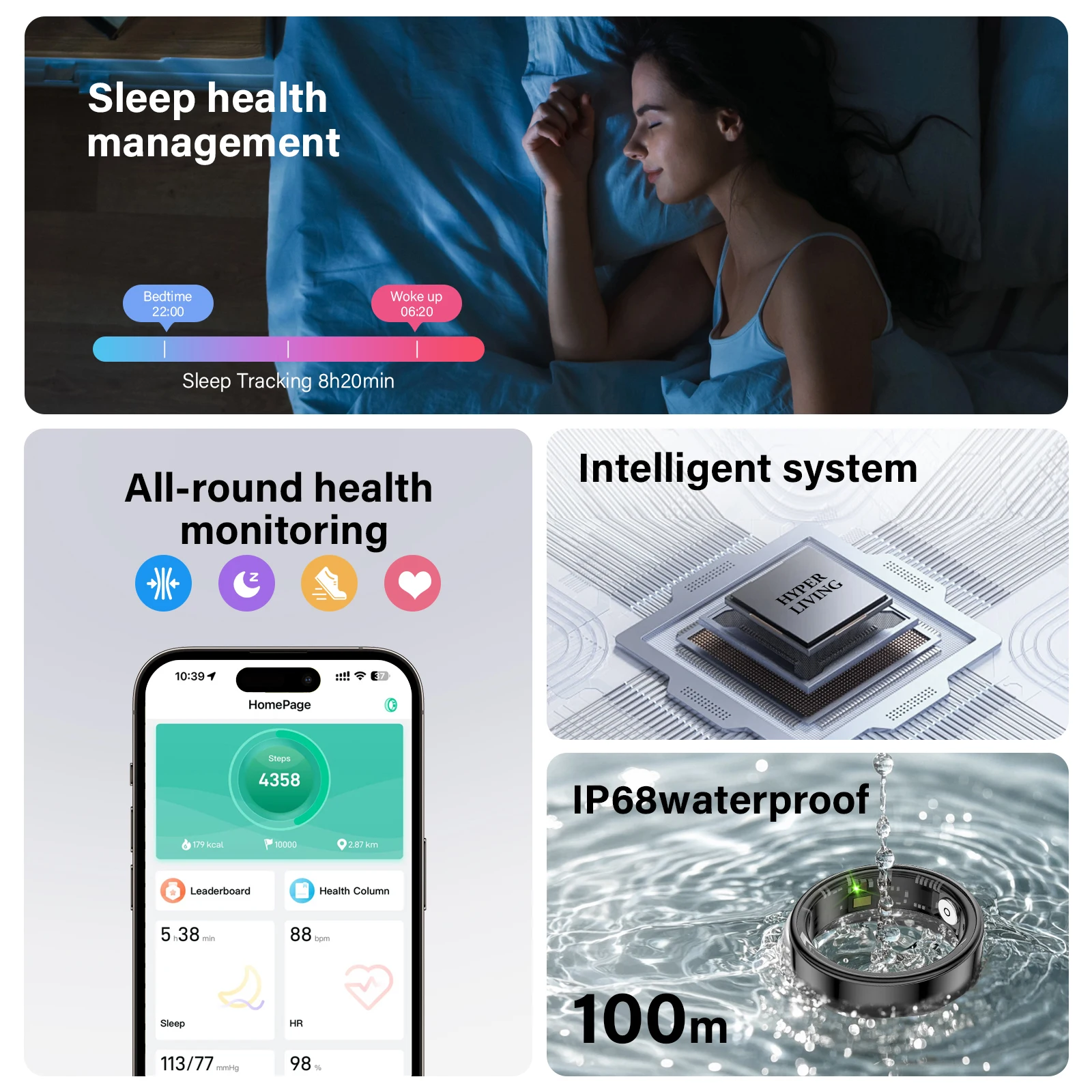 Smart Health Ring for Women Men with Heart Rate Blood Oxygen Sleep Monitor Steps,Calories No Subscription Fee IP68 Waterproof