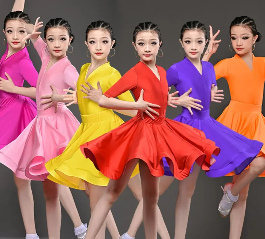 Girls Latin Dance Dresses Children Competition Ballroom 6 Color Costumes Kids Carnival Party Stage Performance Practice Clothing