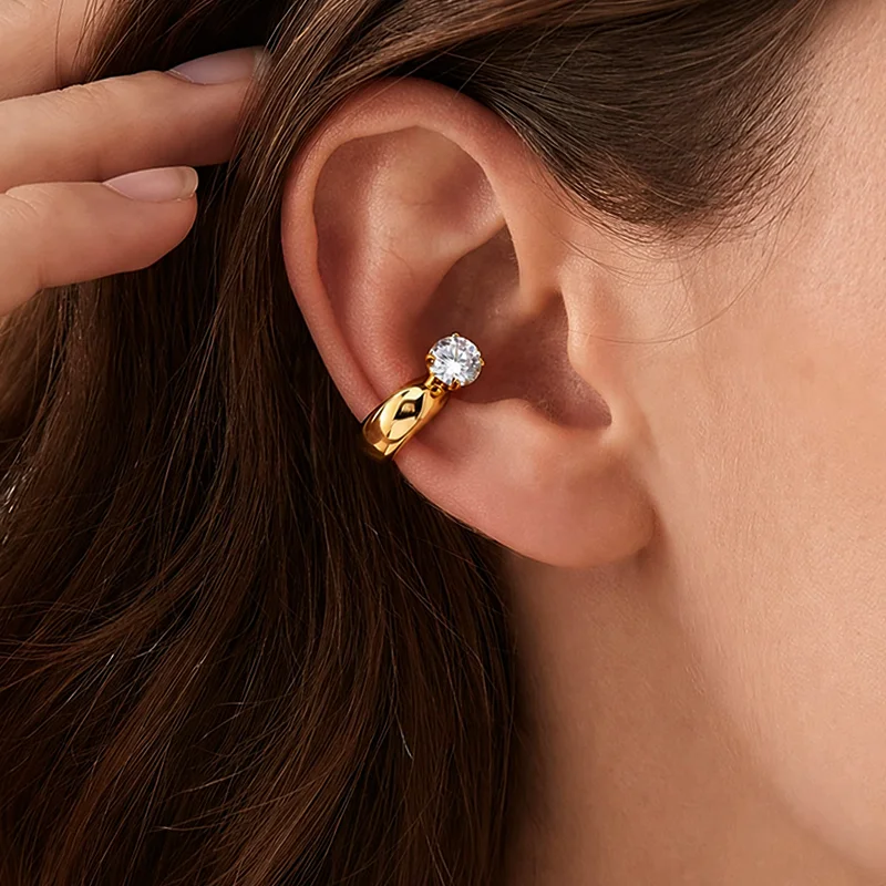 1pc Classic Design Cooper Metal Round White Zirconia Ear Clip Earrings for Women Vintage Ear Cuff Fashion Fake Piercing Jewelry