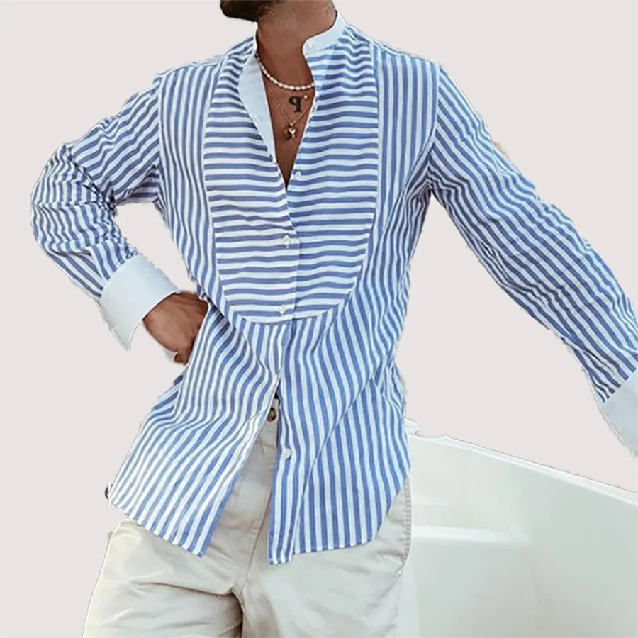 Men's Striped Long Sleeve Shirt Fashion Stand Collar Vacation Tops Hawaiian Streetwear Leisure Men Clothing Classic Cardigan