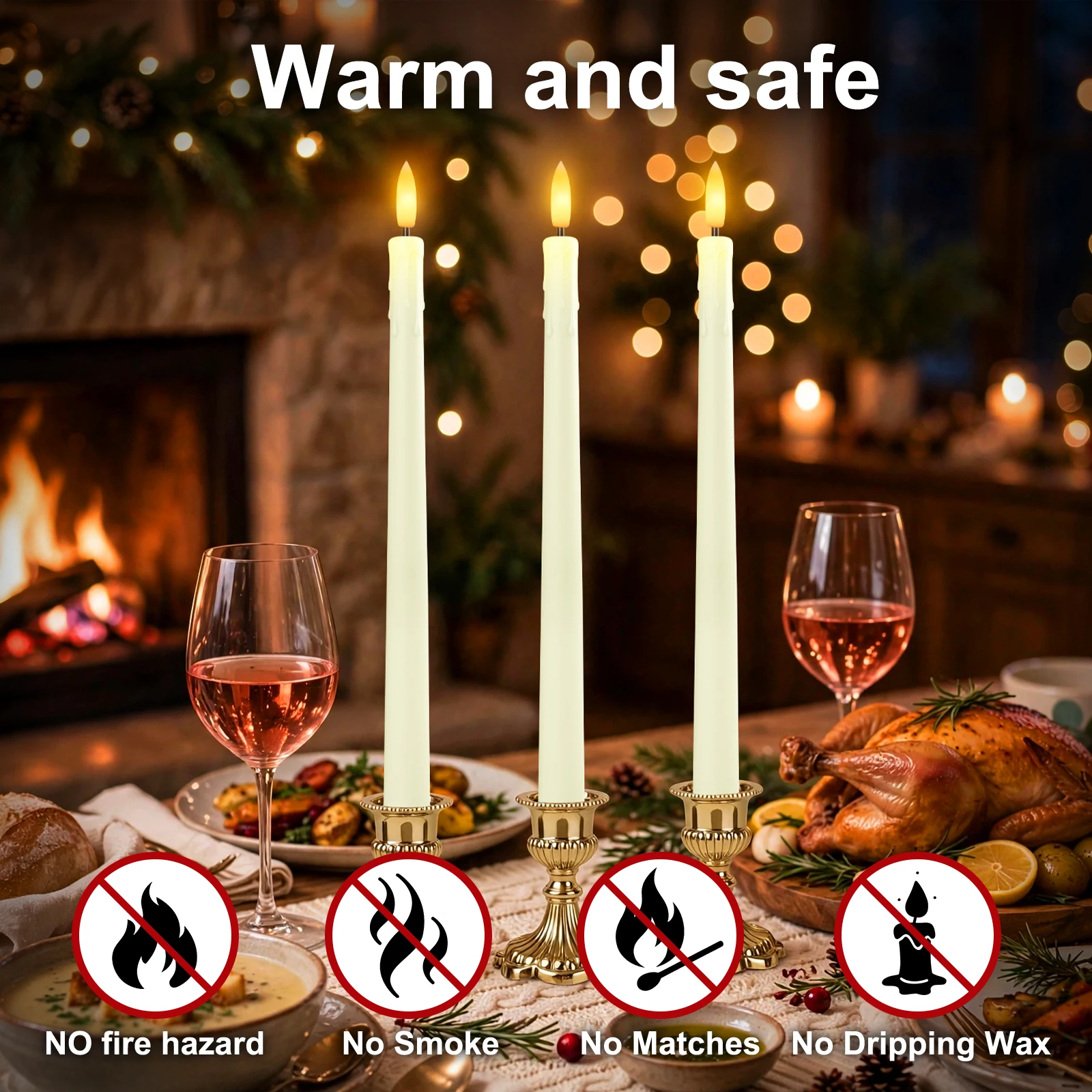 12/24 PCS Wax Dripping LED Flameless Taper Candles with Remote Timer Dimmer 3D Flame Fake Candlesticks for Christmas Wedding