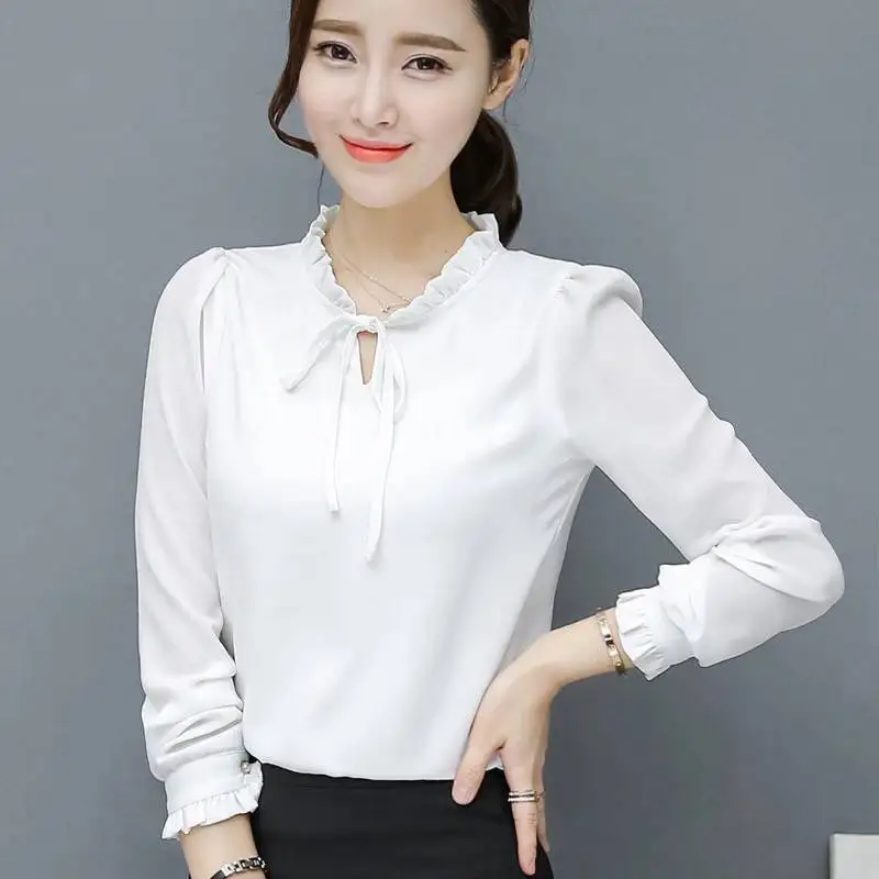 Spring Autumn New Loose Bow Chiffon Shirt Tops Long Sleeve Solid Color Lacing Plus Size Blouse Fashion Office Lady Women Clothes