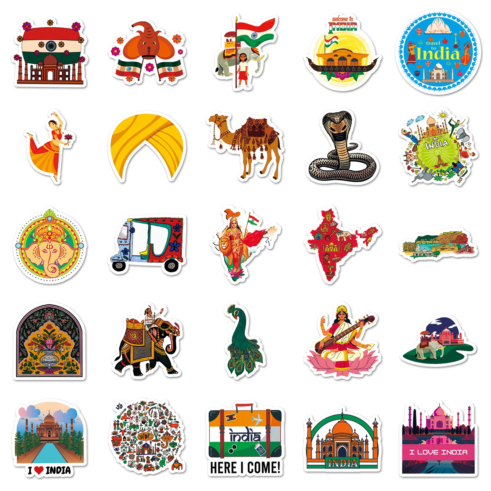 50PCS India Cartoon Stickers Tourism Scenery Graffiti Landmarks Decals Culture Decoration Laptop Guitar Car Bike Decoration