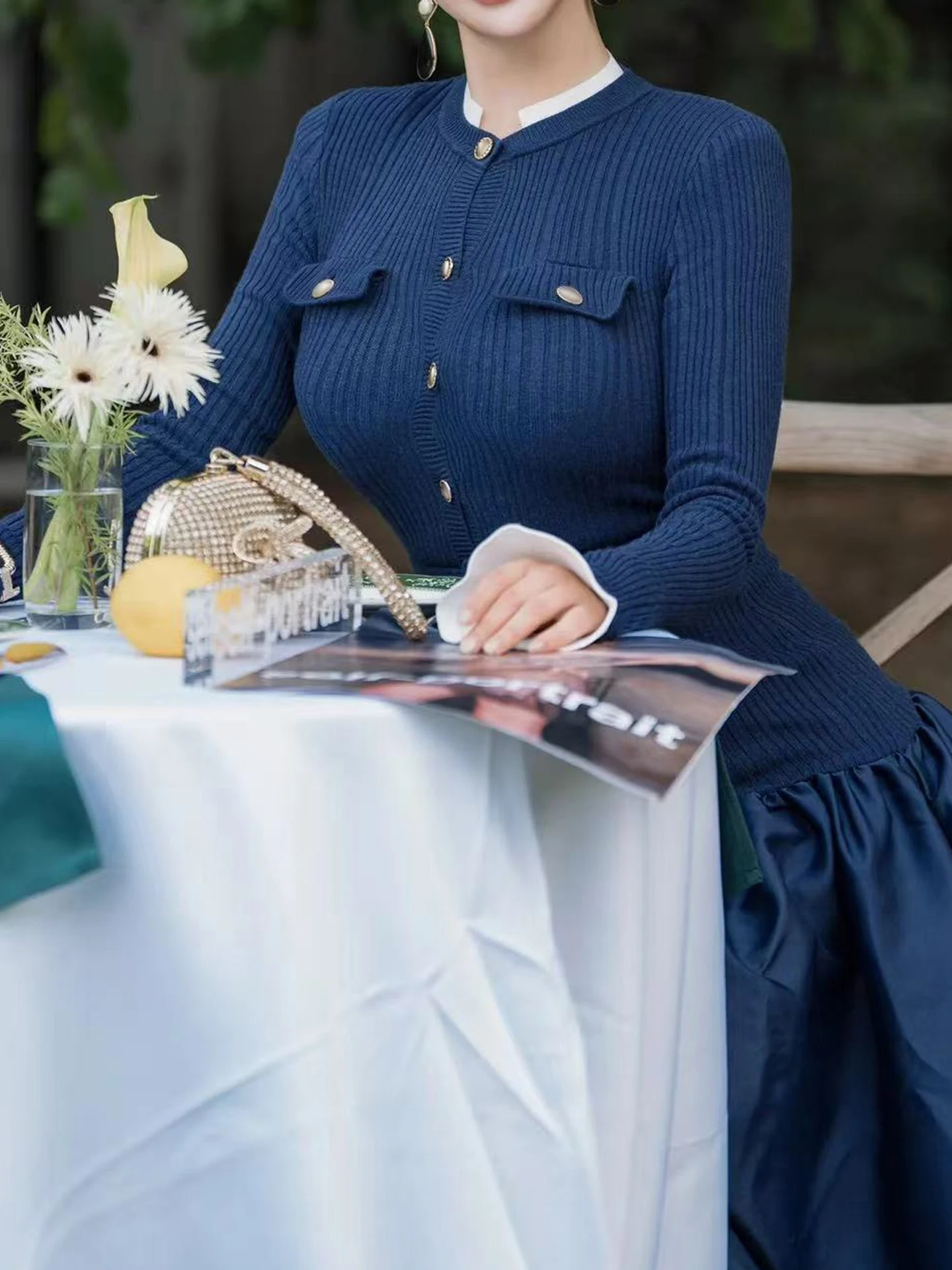 High Waist Knitted Dr with Bell Sves And Waist Belt Ele Ladylike Sle Autumn Season Commute Simple Sle Medium So...