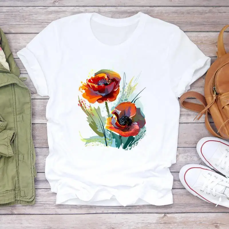 Floral Print Garment Top Short Sleeve T-shirt Women Clothing  Harajuku  Graphic Tshirts  Tops  Oversized T Shirt