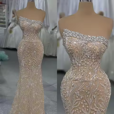 Customized Elegant Crystal Sequins Mermaid Evening Dresses Strapless Prom Gowns Beading Formal Party Dresses Bridal Dress