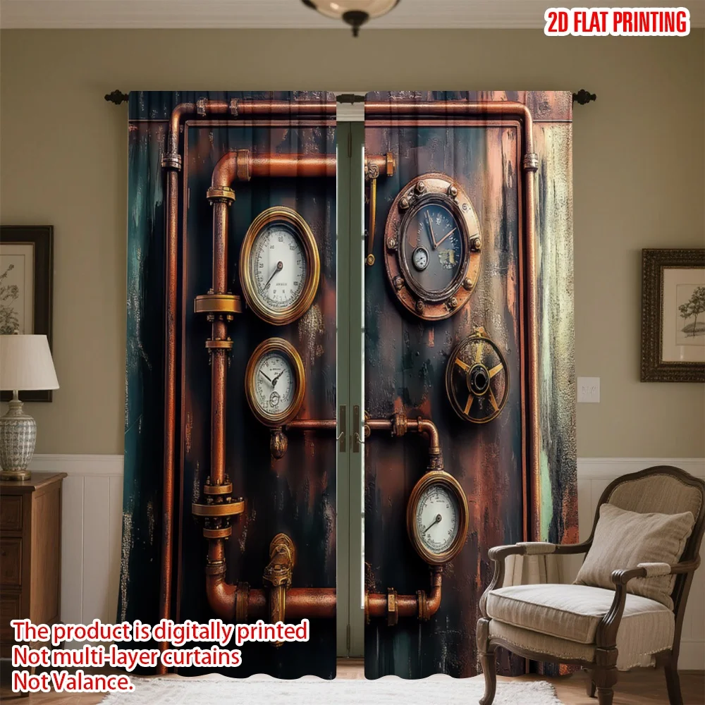 

2D flat printing 2pcs Curtain Steampunk Pressure Gauges Digital Printed Polyester Drapes Festive Curtains for Booths Studio