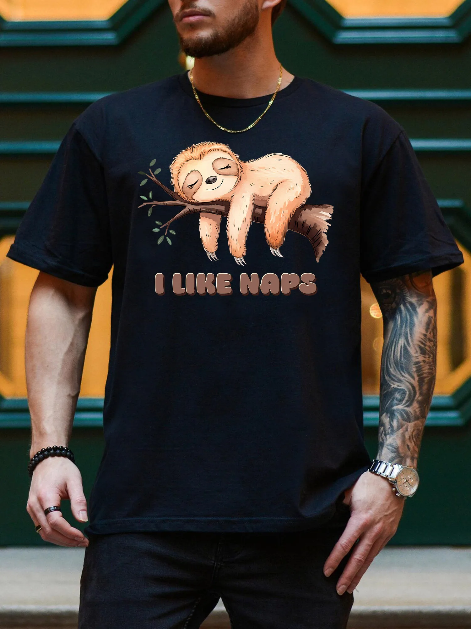

Sloth Likes Naps Men's Graphic Tee, Pure Cotton Casual Black T-Shirt, Lightweight Round Neck Tee