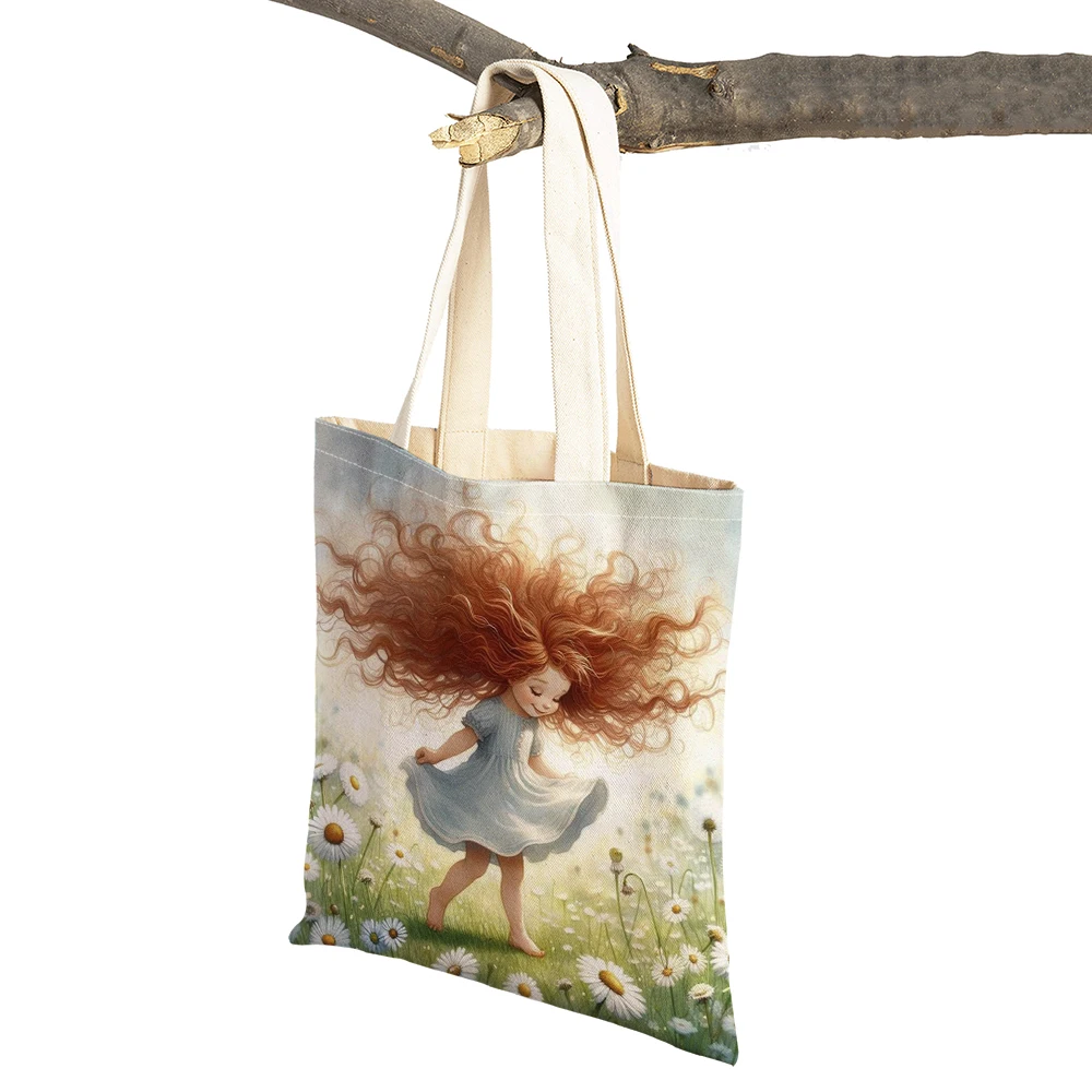 

Fairy Tale Flower Girl Shopper Bag Double Print Shopping Bags Casual Cute Cartoon Children Gift Women Tote Lady Handbag