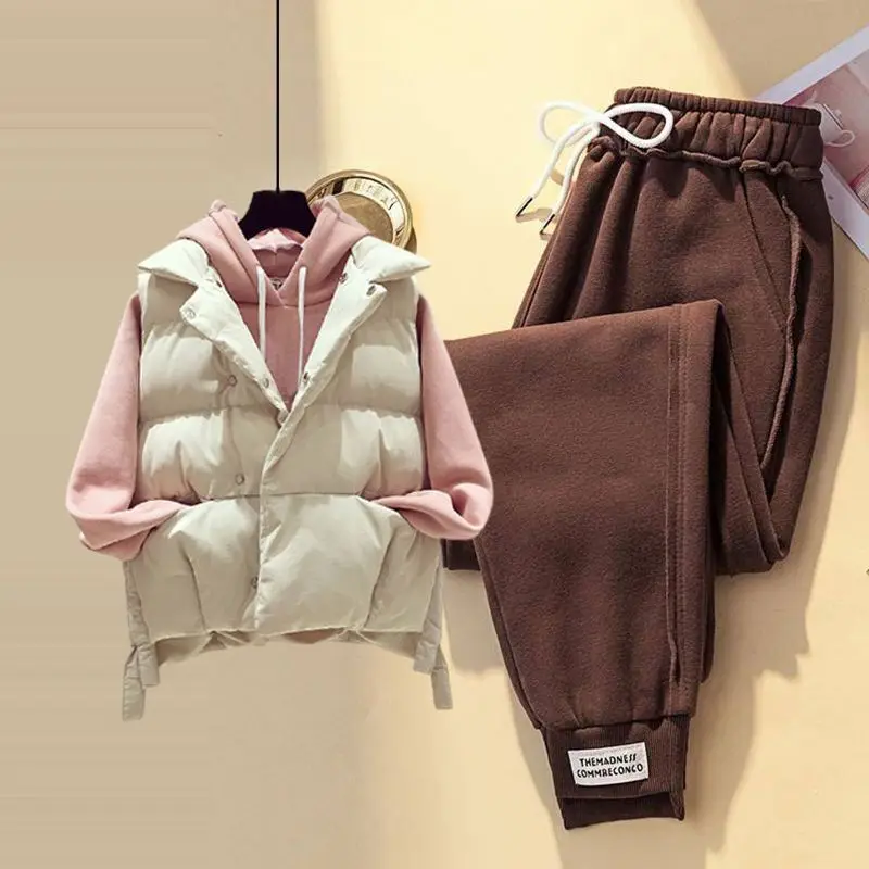 New Woman Padded Vest Zip Hooded Winter Female Warm Sweatpants Hoodies and Solid Pants Ladies Three Piece Suits Outfits G424