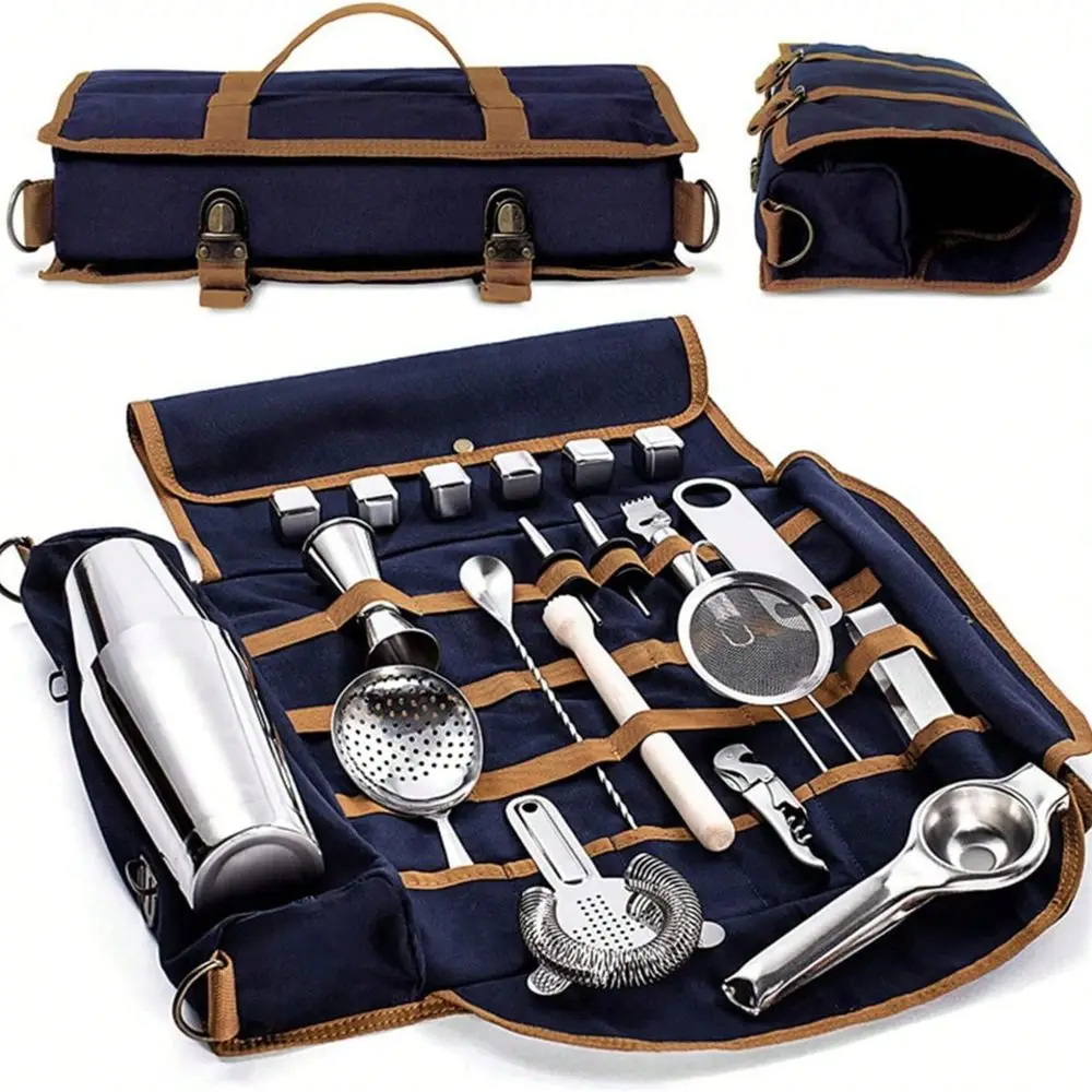 Professional Bartender Tool Bag, Portable Bartender Travel Pouch,Travel Bar Set For Home Cocktail Making, Work, Parties, Camping, Blue (Tools Not Included)
