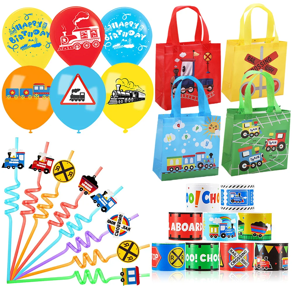 Train Car Birthday Party Supplies Transportation Slap Bracelets Stickers Temporary Tattoos Keychains Straws Gift Bags Balloons