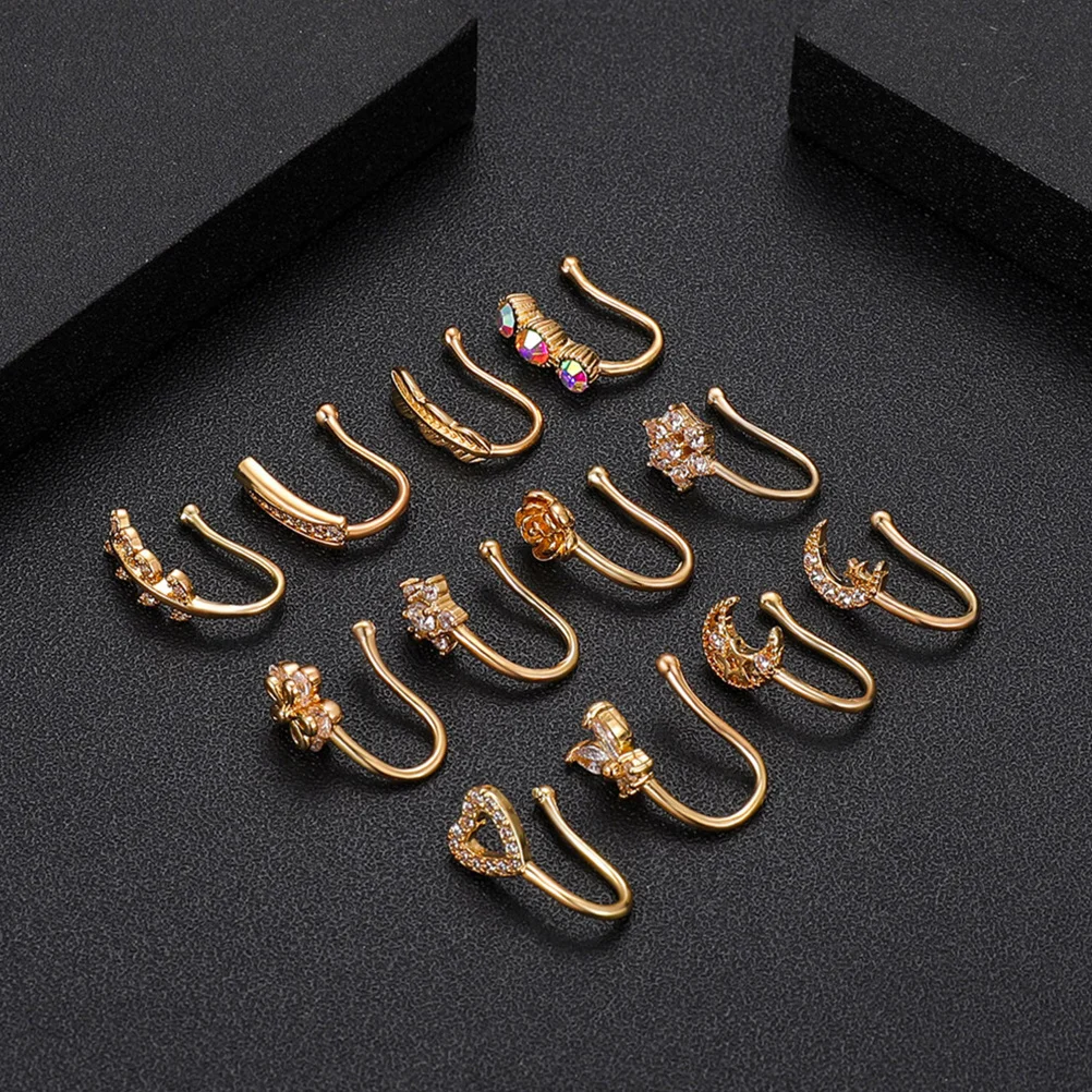 12 Pcs Nose Ring Fake Clip on Piercings Fashion Accessories Cuff Non for Women Golden Body Jewelry Costume