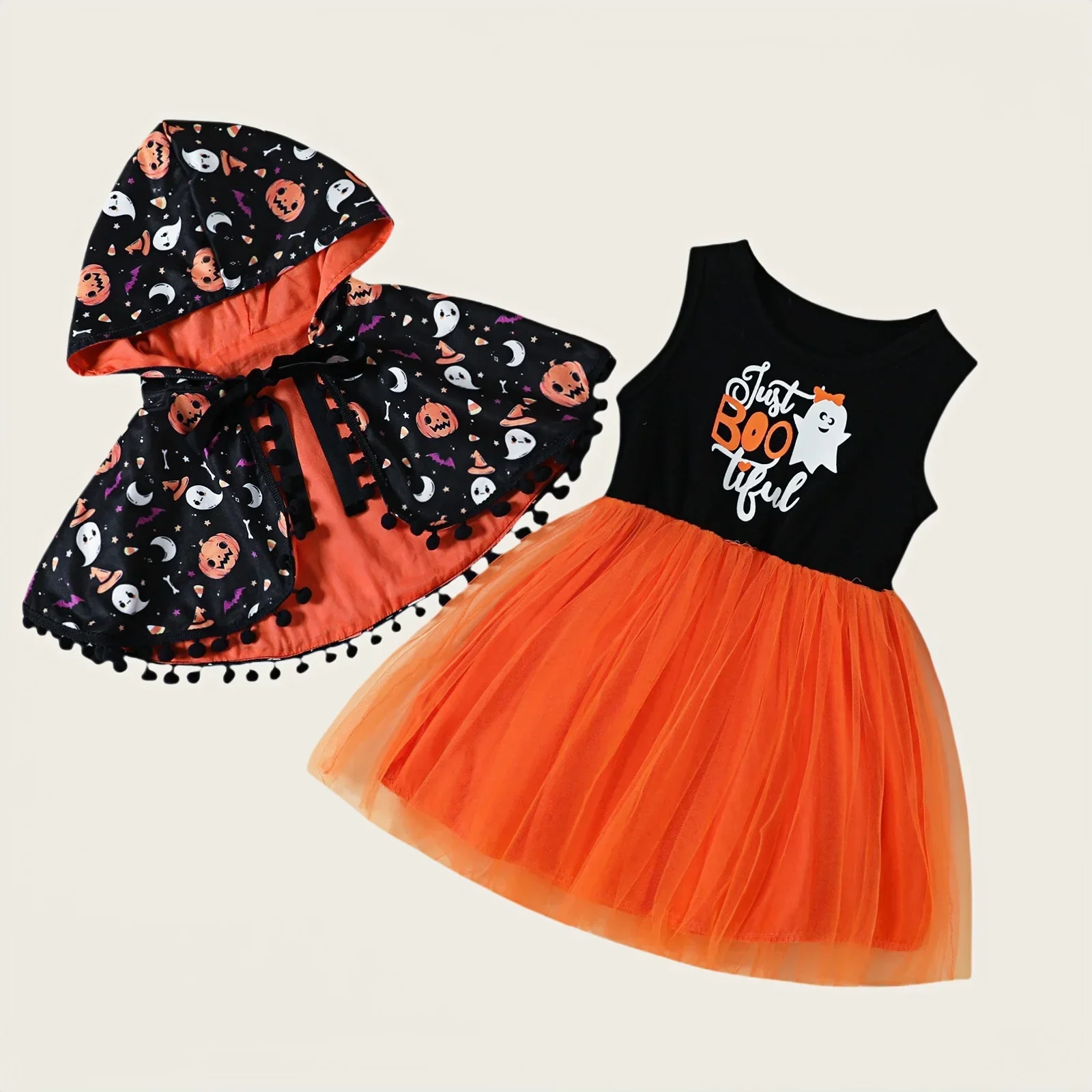 

MILANCEL Autumn Girls Dress Set 2-6T Halloween Kids Pumpkin Cape +Vest Mesh Dress Cartoon Letter Ghost Children Outfit 2PCS