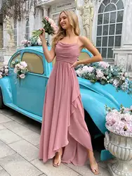 Chiffon Spaghetti Straps Elegant Bridesmaid Dresses Women Cowl Neck Wrap Around Asymmetrical Ruffle Hem Party Prom Dress Vestido