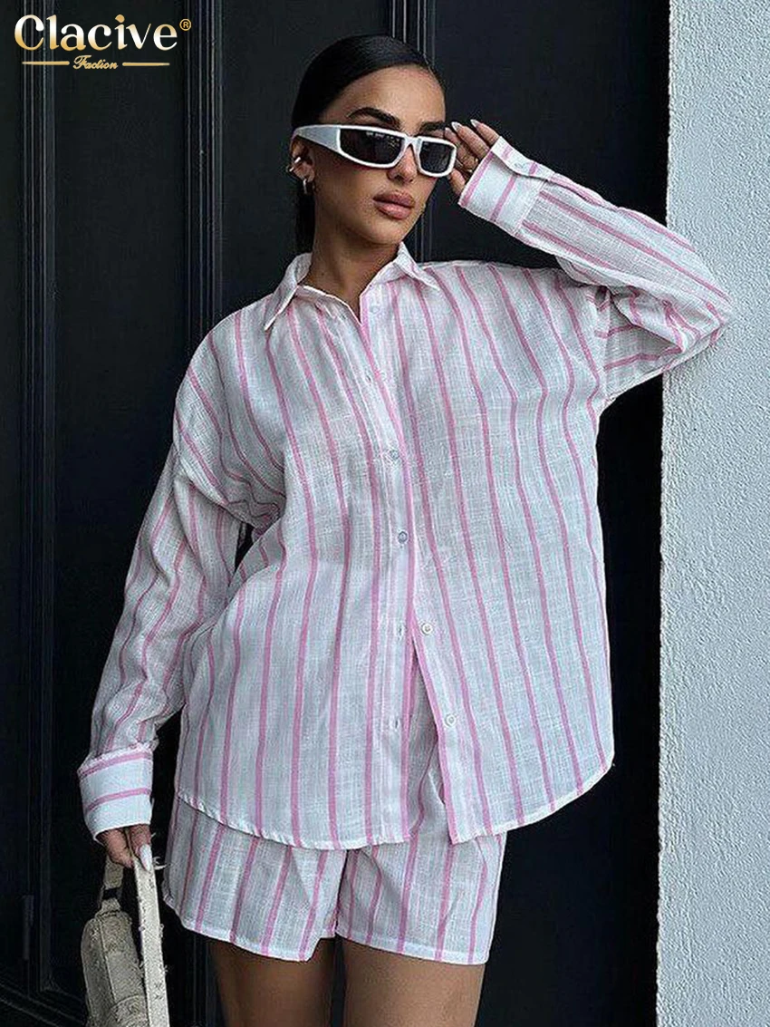 

Clacive Fashion Loose Stripe Print Shorts Set 2 Piece Woman 2025 Elegant Long Sleeve Shirt With High Waist Shorts Set Female