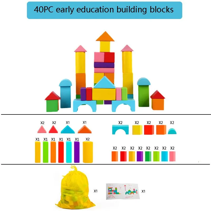 Bloques de construcción de madera grandes y seguros para niños, bloques educativos para edades tempranas, juguetes de construcción coloridos, aprendizaje para niños, 40 piezas por juego