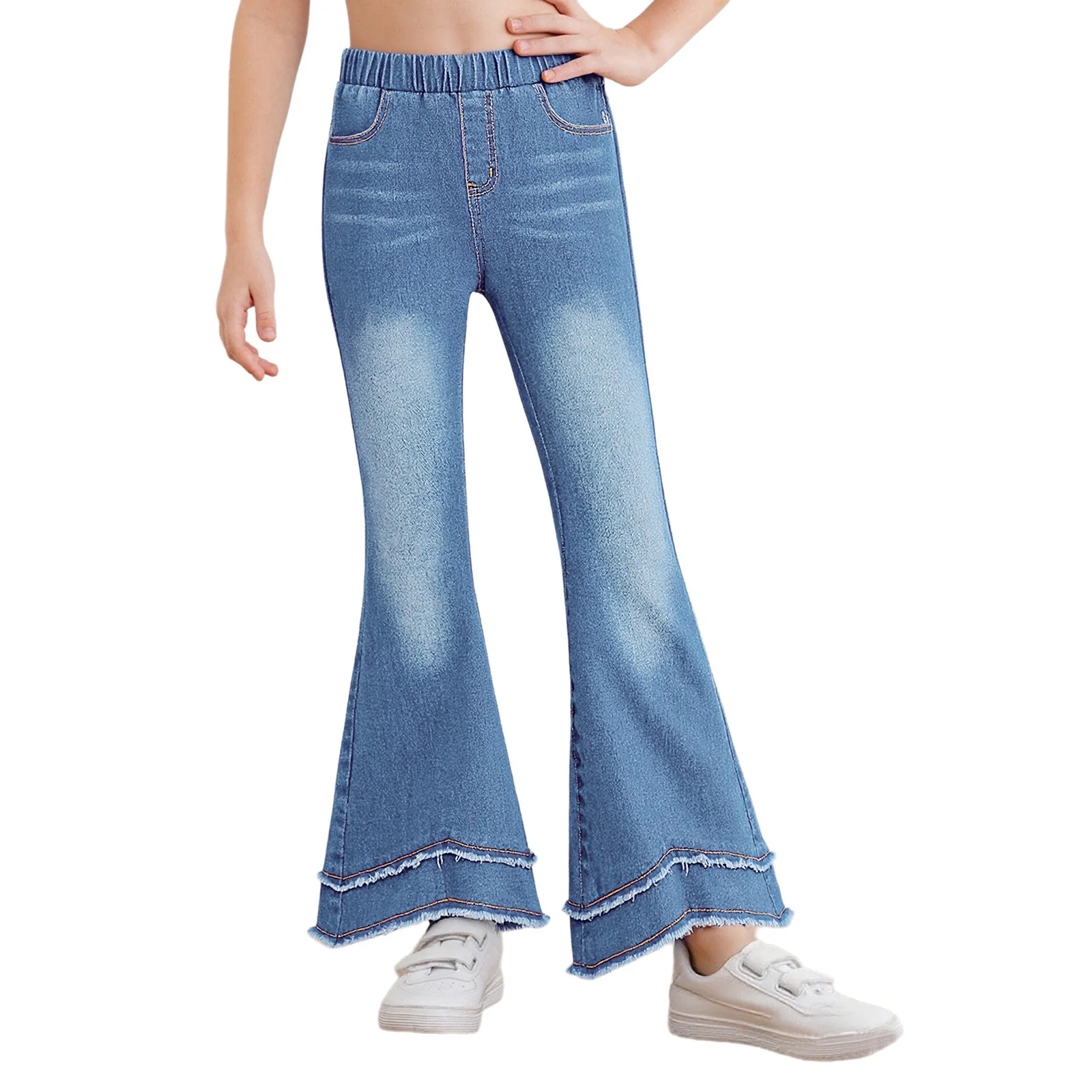 أطفال بنات البضائع الجينز سستة يطير مرونة الظهر الخصر جرس أسفل الدنيم السراويل المراهقين مدرسة بناطيل أطفال سراويل أنيقة 6 8 16