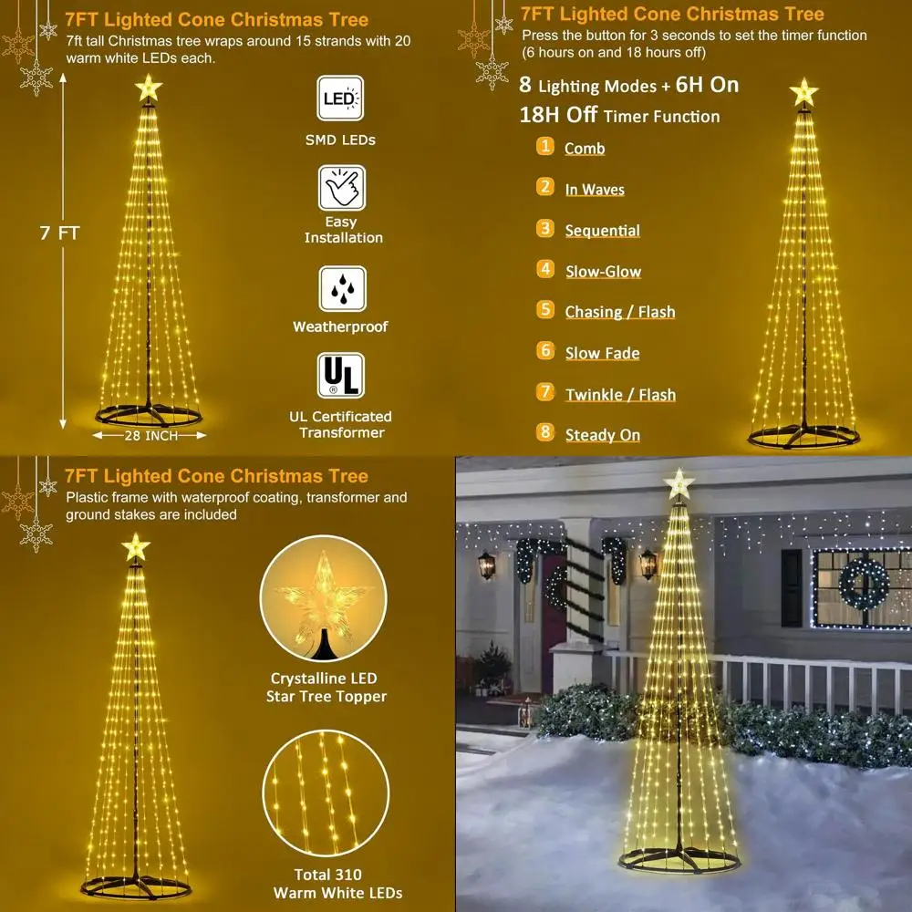 

7-Foot Pre-Lit Christmas Cone Tree with 310 LEDs, 8 Lighting Modes & Timer for Outdoor Holiday Decor