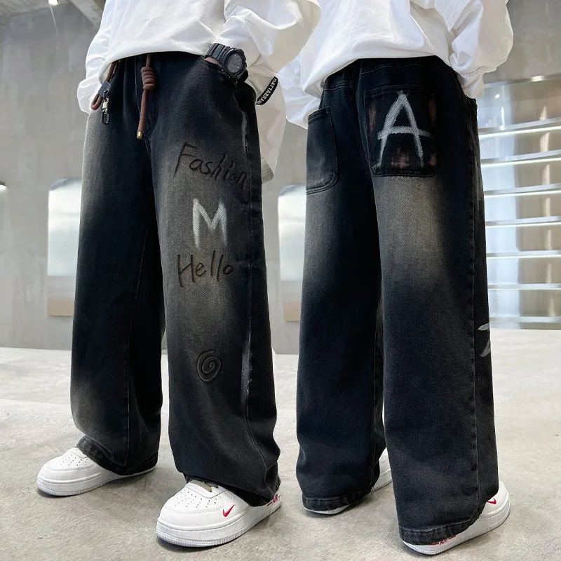 Children Boys Jeans UNITIM 3-14Y Kids Boys Denim Pants Loose Letter Pattern Young Teens Boys Wide Leg Pants Junior Boys Trousers