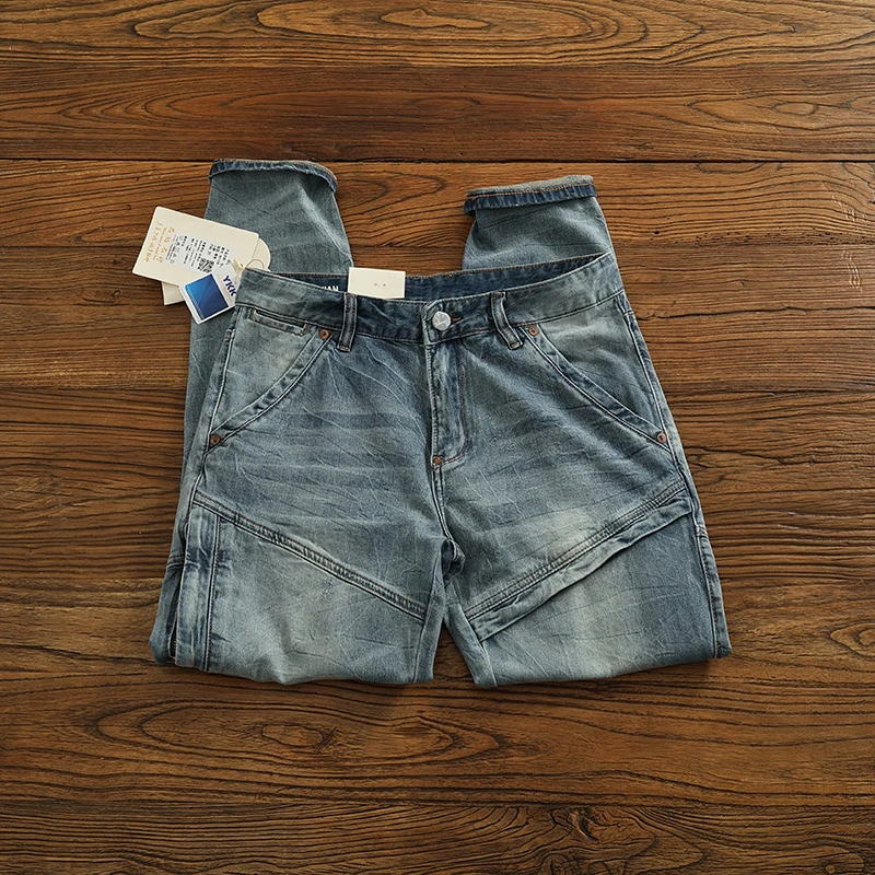 2025 Spring New American Vintage 3D Stereo Cropping Splice Men's Elastic Force Jeans Fashion Slim Washed Old Casual Pencil Pants