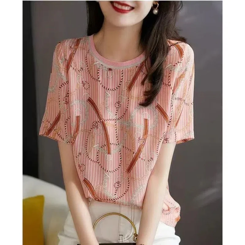 

Korean Fashion Summer Women's O-Neck Printing Patchwork Striped Screw Thread Simplicity Casual Loose Short Sleeve T-Shirts Tops