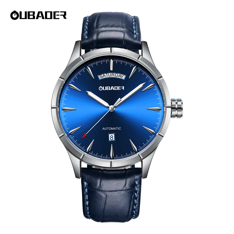 

OUBAOER Fashion Blue Dial Date Leather Wristwatch Men Mechanical Skeleton Watches Top Brand Luxury Business Male Automatic Clock