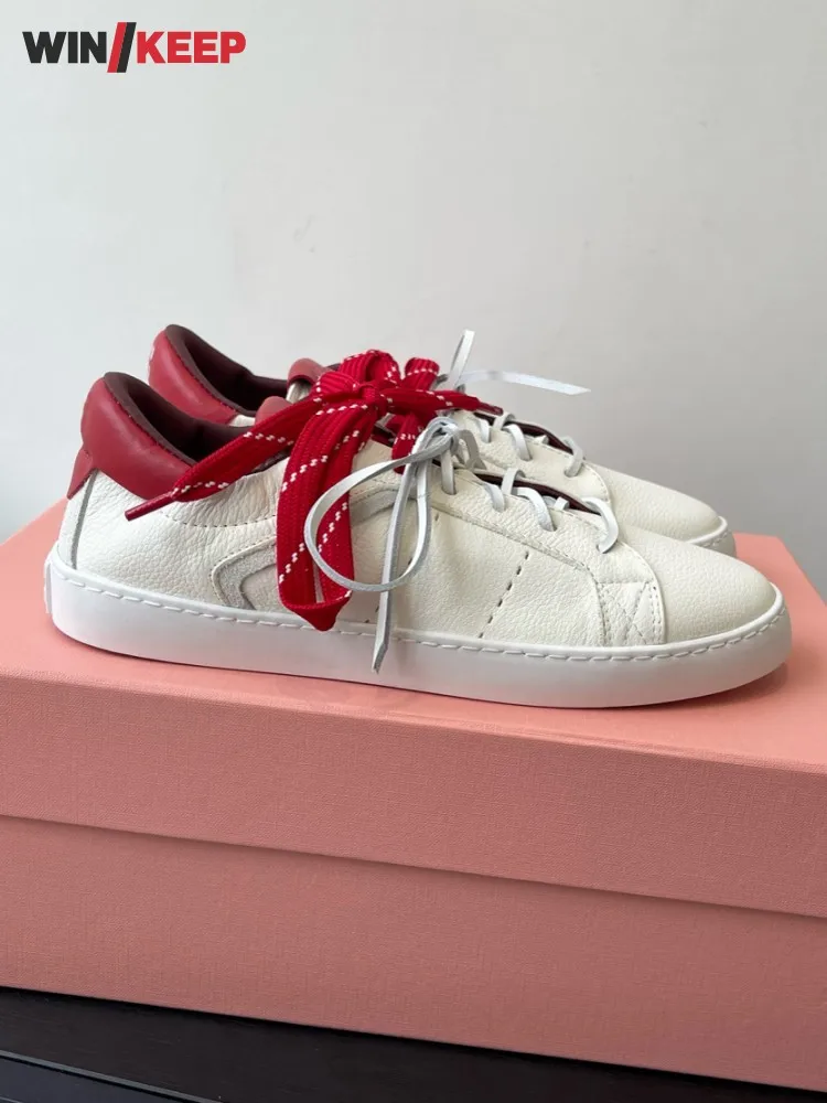 

Women Fashion Versatile Lace Up Running Sports Trainers Colors Panelled Genuine Leather Comfortable Sneakers Skateboard Shoes