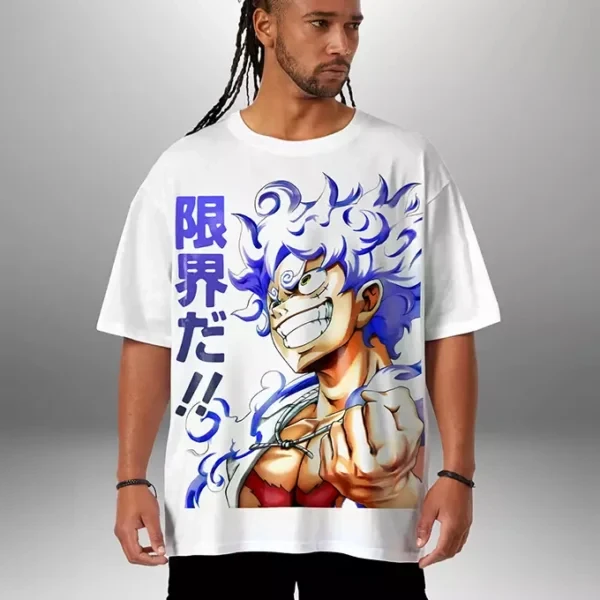 Camiseta holgada estampada 100% algodón de Verano 2026 de One Piece: Luffy - Forma de Dios Sol (Gear 5) - Talla familiar para niños y niñas
