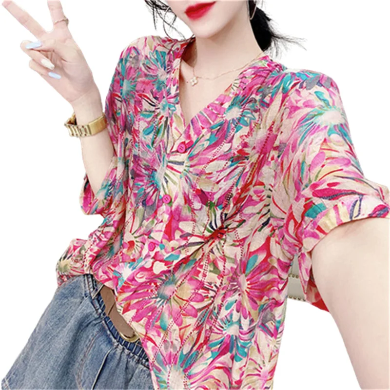 

Woman Spring Autumn Style Blouses Shirts Lady Fashion Casual Short Sleeve V-Neck Flowers Diamond Blouses Tops WY0201