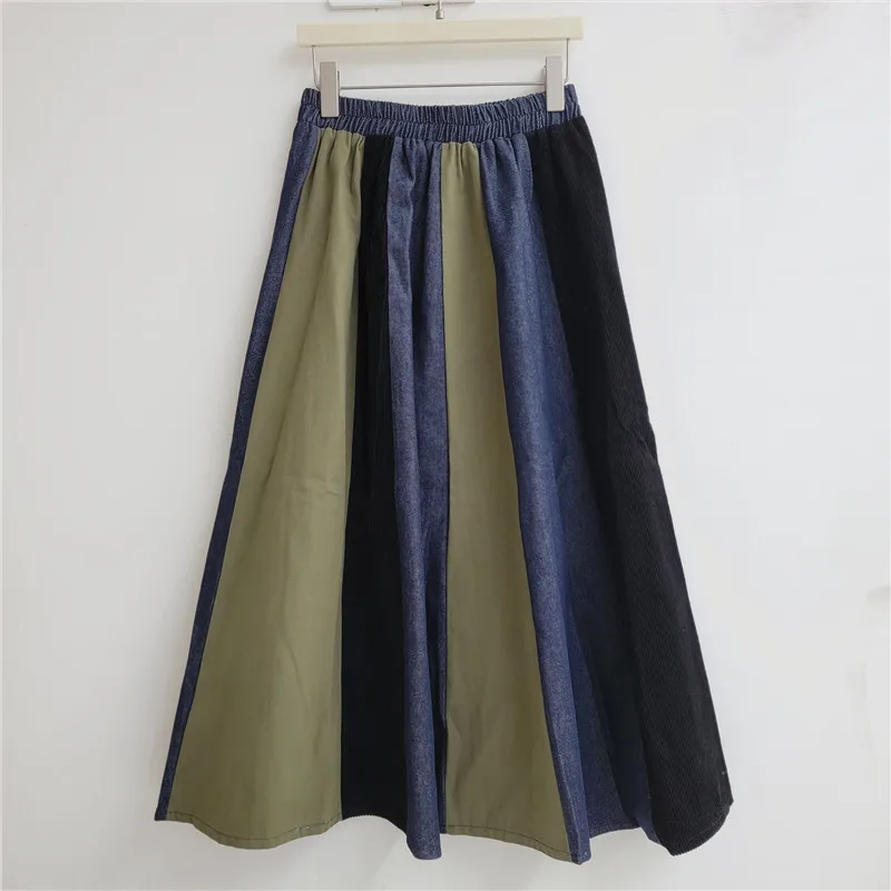 HKSH Women Skirt Trendy Vintage Color-block Design Elastic Waist Versatile Casual Patchwork Niche A-Line Ins Long Skirts HK26943
