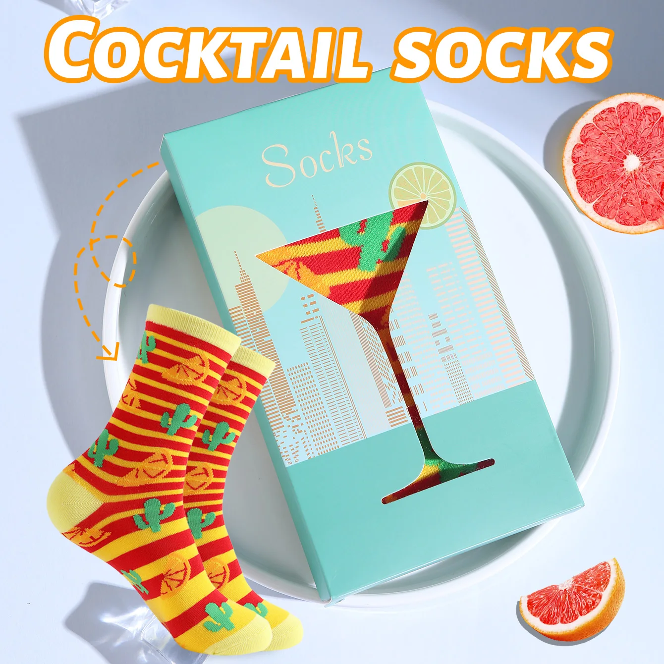 1 Paar mittelhohe Herrensocken, geeignet für Männer und Frauen, neuartig und lustig, bunte Cocktail-Geschenkbox-Socken, europäischer und amerikanischer Modetrend-Stil, bequem und atmungsaktiv,