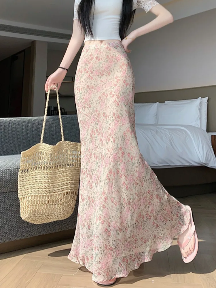 Romantic Floral Lace Fish Tail Half Skirt Women's Summer New Style Gentle Forest System High Waist Bodycon Long Skirt